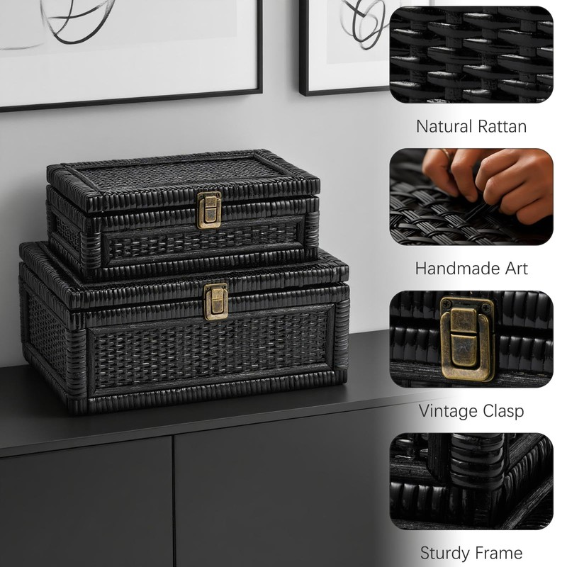 2PCS Rattan Boxes with Lid Decorative Natural Handmade Boho Baskets