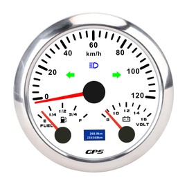 Luocute 85mm 3-3/8in GPS Speedometer Odometer, Voltmeter Fuel Gauge, 7 Color Backlight and Turn Signal, Suitable for RV Yacht Truck (White Dial Silver Bezel CX8304)