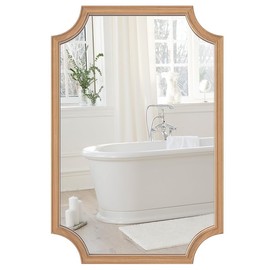 HOMECOOKIN 24" x 36" Wood Frame Mirror for Wall, Bathroom with Scalloped Corners, Modern Arch Rectangle Beveled Wall Mirror for Entryway, Living Room or Bedroom Antique Home Decor (Honey)