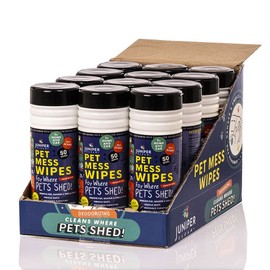 Juniper CLEAN, Pet Mess Wipes for Pets Cleansing, Wipes for Dogs and Puppies–Remove Fur, Dander, Smells from Vehicle Seats, Washable Furniture, Wood, Tile, and Laminate Floors, 50 Count (Pack of 12)
