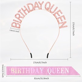 Birthday Queen Sash and Crown Set - Glitter Pink Rhinestone Headband, Tiara, Princess Accessories for Women