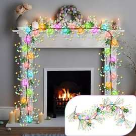 Enhon Guirnalda de Pascua iluminada de 6 pies con 8 modos de iluminación, 15 luces LED pastel, huevo de Pascua funciona con pilas, guirnalda de huevos y bayas para manto de primavera, hogar, chimenea,