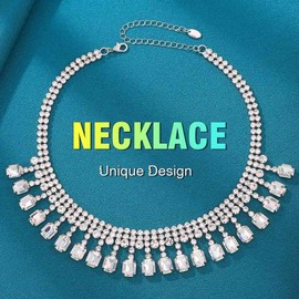 JEWEKY Crystal Necklace Jewelry Silver Sparkly Rhinestone Necklaces Rectangle Stone Prom Neck Chain for Women (Silver)