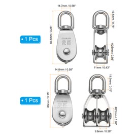 PATIKIL M25 Pulley Block, 2 Pack Single Pulley & Double Pulley 304 Stainless Steel Heavy Wire Rope Hanging Wire Crane Rope Lifting Swivel Hook, Loading 150KG/331LBS