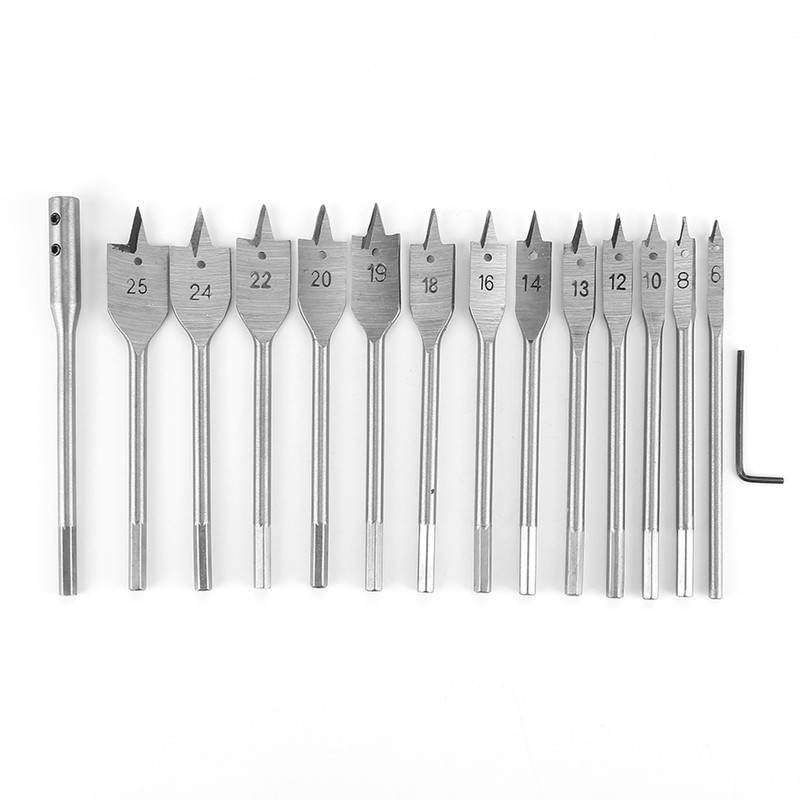 15pcs Carbon Steel Hex Shank Spade Flat Wood Drill Bit