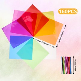 Colorful Plastic Paper, 160 Pieces Colored Transparency Sheets 7.5x7.5 In Craft Plastic Sheets Transparent Glass Wrap Paper Thin Acetate Sheets for Candy Cookies Packing DIY Crafts Decorations