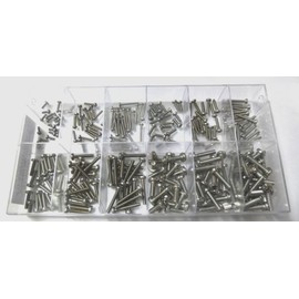 Assortment box with 240 pieces small raised head screws according to DIN 7985 made of stainless steel A2 (M2, M2.5, M3 and M4), PH cross slot, pan head. Mini screws assortment including labelled box