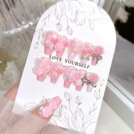 Press on Nails Square Medium Length Glossy Full Cover Acrylic Pink False Nails with Pink Floral Bow Designs Artificial Short Coffin Fake Nails with Charms Glue ons Fingernails for Women Girls
