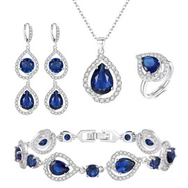 Ever Faith Formal Costume Jewellery Set for Prom Party, Created Sapphire Birthstone Cubic Zirconia Necklace Earrings Tennis Bracelet Ring Set for Valentine's Day/Mother's Day Blue Silver-Tone