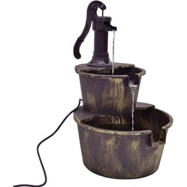 Squareful 2-Tier Outdoor Water Fountain, Rustic Patio Decor w/Hand Pump, Pump Barrel Fountain for Garden, Backyard, Patio