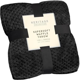 Waffle Super Soft Luxury Warm and Cosy Throw, fleece Blanket For Your Sofa, Bed, Armchair, Garden, Home Black, Silver, or Charcoal (Black)