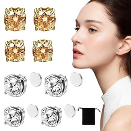 GGUFAY 4 Pairs of Magnetic Earrings, Magnetic Earrings Men, CZ Inlay Non-Pierced CZ Clip Stud Earrings, Gold Silver, 6 mm, 8 mm, Magnetic Earrings for Women