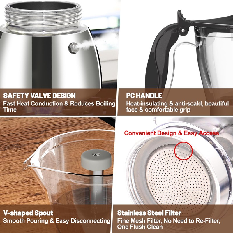 DITOSH 430 Stainless Steel Base Stovetop Espresso Maker Transparent Moka