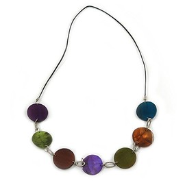 Avalaya Multicoloured Shell and Wooden Disk with Leather Style Cord Necklace - 76cm L
