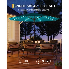 GarveeLife 10 Ft Patio Umbrella with Solar Lights, 8 Ribs Outdoor Market Table Umbrella with 40 LED Lights & Tilt Crank for Pool, Deck, Backyard, Turquoise Blue
