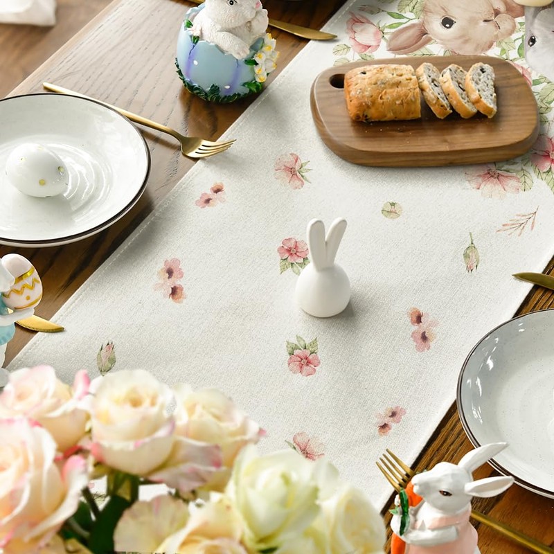 Artoid Mode Bunny Rabbit Floral Leaves Easter Table Runner, Spring