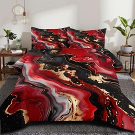 CCoutueChen Red Black Marble Comforter Set King Size Gold Glitter Marbling Bedding Set for Women Men Watercolor Abstract Art Bedding Comforter Set Soft Down Alternative Comforter Sets for All Season