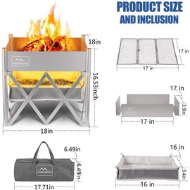 KAMPKEEPER Portable Fire Pit, Outdoor Tabletop Firepit 18 Inch, 304 Stainless Steel Wood Burning Fireplaces, Collapsible Pop Up Fire Pit for Outside, Included Heat Shield for Leave No Trace Fires