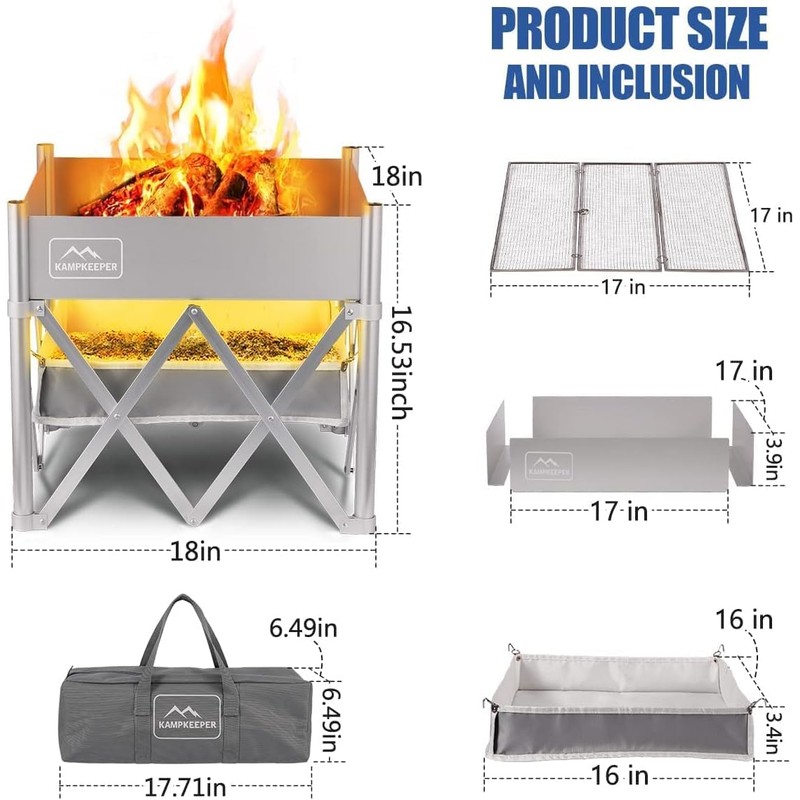 KAMPKEEPER Portable Fire Pit, Outdoor Tabletop Firepit 18 Inch, 304