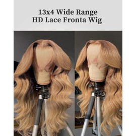 FACMOOD Honey Blonde Lace Front Wigs Human Hair 13x4 HD Transparent Lace Frontal Wigs Body Wave Colored 27 Honey Brown Wavy Wig Pre-Plucked Hairline 180% Density 26 inch