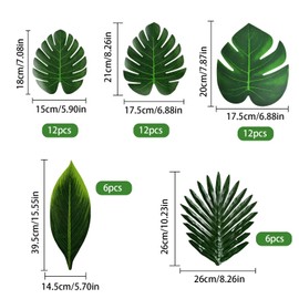 ZIOYA Pack of 48 5 Types Palm Leaves Decorative Leaves Table Decoration Green Artificial Monstera Leaves Jungle Decoration for Party Decorations Beach Birthday Wedding Party and Home Decoration