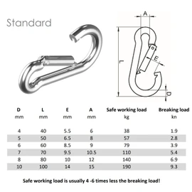Stainless steel carabiner snap spring hook A4 316 marine grade hiking fishing camping keychain (4, 10mm x 100mm)