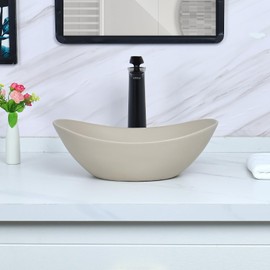Davivy 16.9'' X 10.6'' Matte Khaki Oval Vessel Sink with Pop Up Drain,Oval Bathroom Vessel Sink,Small Ceramic Vessel Sink,Bathroom Sinks Above Counter,Boat Shape Matte Khaki Vessel Sink for Bathroom