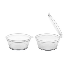 Party Essentials Leak Proof Plastic Condiment Souffle Containers with Attached Airtight Portion Cup with Hinged Lid for Sauces, Samples, Slime, Jello Shot, Storage, Craft, 100 Sets, 2 oz, Clear