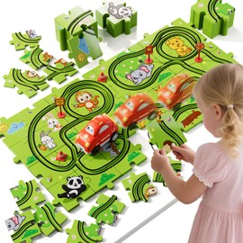 BLmukce 32-Piece Puzzle Race Car Track Set for Toddlers 1-3 | Animal-Themed Tracks, Cars & Road Signs | Puzzle Car Tracks Toddler Toy Gifts for 2 3 4 5 6 Year Old Boys & Girls