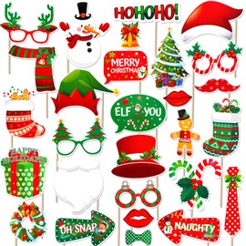 HOWAF Christmas Photo Booth Props with Sticks, 28 pcs Christmas Funny Selfie Prop for Christmas Party Decoration Winter Holiday Party Favors, Merry Boxes Snowmen Hat Photo Props Kits