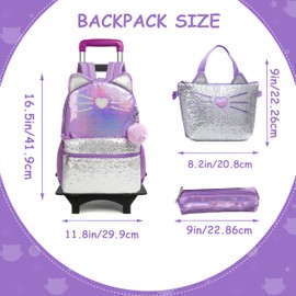 ZBAOGTW Rolling Backpack for Girls 6-8 with Lunch Bag Pencil Case Rolling Casual Cute Cat Backpacks with Wheels for Elementary Students