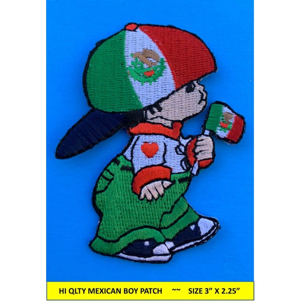 LG MEXICAN FLAG BOY PATCH IRON-ON SEW-ON EMBROIDERED MEXICO EMBLEM (3 x 2.75”)