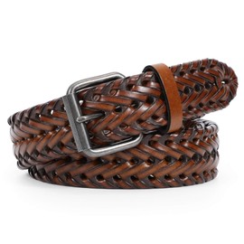 WERFORU Men’s Leather Braided Belt, Cowhide Leather Woven Belt for Jeans 1.3 Inch Wide with Prong Buckle,Orange Brown,Fits Pants Size 42-45 Inches