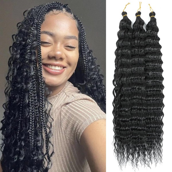 MLETULIPS Ocean Wave cheveux Hair Extensions Deep Wave Braiding Crochet Hair Soft Synthetic Curly Braiding Crochet Hair for Black Women (18 inch (pack of 3）, 1B)