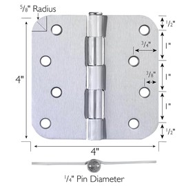 Door Hinges for Interior Doors 6-Pack 4-inch x 4-inch – Rounded 5/8-inch Radius Steel Door Hinge – Brushed Chrome – Fits Standard Doors – Design House 189738