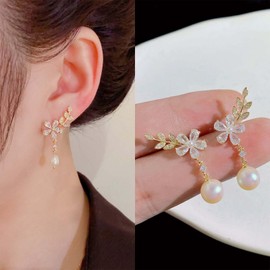 Aneneiceera Boho Rhinestone Leaf Ear Climber Earrings Gold Pearl Dangle Earrings Vintage Crystal Flower Stud Earrings Cz Olive Leaf Cralwer Earrings Jewelry for Women