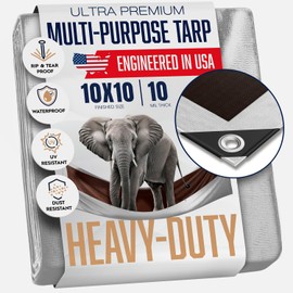 10x10 Heavy Duty Tarp, 10 Mil Thick, High Durability, Tear & Fade Resistant, UV Treated, Grommets Every 18 Inches (10' x '10')