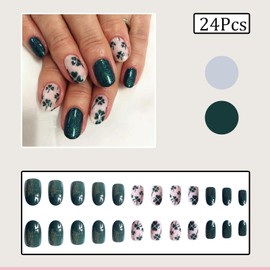 24Pcs Acrylic Nails St. Patrick's Day Press on Nails Short Oval Fake Nails with Four Leaf Clover Designs Full Cover Shamrock Glue on Nails Dark Green Acrylic Artificial Nails Irish for Women Girls