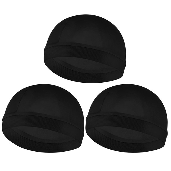 Sibba Pack of 3 Elastic Band Wave Caps for Men Headwraps Wide Strap Silky Feel Durag Caps Unisex Skull Coats Men Skullies Beanies Soft Breathable Shower Cap (Black)