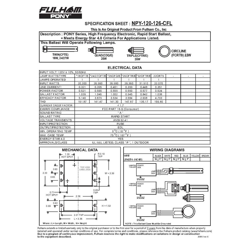 Fulham Lighting Fulham Pony Ballast, NPY-120-126-CFL, White