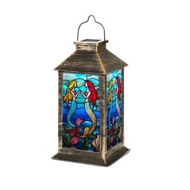 Solar Lantern Stained Glass Window Panel Mermaids Ocean Waves Shells Seaweed Outdoor Waterproof Garden Hanging Lantern Solar Powered Lighting Outside Table Lamp for Patio Deck Camping 1 Pack