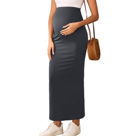 AISWI Maternity Adjustable Waist Maxi Skirt Over The Belly Stretchy Pregnancy Long Pencil Skirts Casual Spring Summer, Charcoal Grey, X-Large