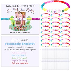 XunYee 24 Sets Back to School Gifts for Student Include Our Class Is a Family Greeting Card and First Day of School Bracelet with Bags Letter Bracelet for 1st Day of Classroom (Fifth Grade)