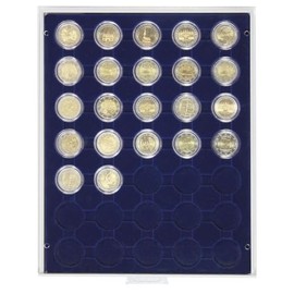 Coin box with 30 compartments of 32 mm Ø for coins in capsules (Lindner 2530M) Marine (grey drawer, blue insert)
