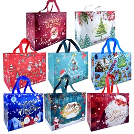 YHJZ 8 Pack Christmas Gift Bags with Handles, Large Non-Woven Tote Bags for Wrapping Xmas Party Favors, 12.8x9.8x6.7 Inch