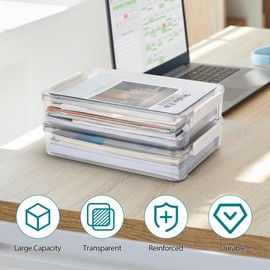 SANWICH Clear File Box 2 Pack Plastic Storage Bins with Latching Lids Document Organizer Portable Project Case Stackable Storage Boxes for A4 Letter Size Paper Office Supplies