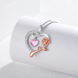 CHENGHONG Women's Rose Necklace 925 Sterling Silver Heart Pendant with 12 Birthstone Gifts for Christmas Mum Daughter, Sterling Silver, Roses
