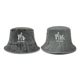 Hepandy Mr and Mrs Bucket Hats 2025, Gifts for Newlywed Honeymoon, Washed Black & Gray Embroidered Hats Set for Couples