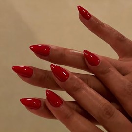 Uñas postizas cortas almendradas, uñas postizas rojas stiletto cortas, uñas acrílicas puntiagudas con cobertura total brillante, uñas postizas con peg