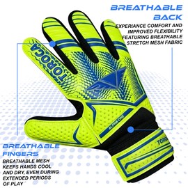 TOROGA Football Goalkeeper Gloves for Kids,Boys & Girls,Youth Soccer Goalie Gloves with Super Grip Palms,Anti Slip, Breathable Mesh,Durable Stitching,Secure Wrist Straps (Fluorescent Yellow, 5)